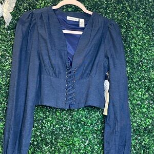 Midnight Sky Navy Blue Puff Sleeve Lace Up Crop Top